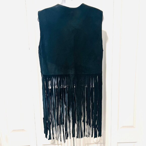 Learsi Women's Black Leather Suede Fringed Moto Vest-Sz. Large-Tie Closure- - Picture 10 of 16